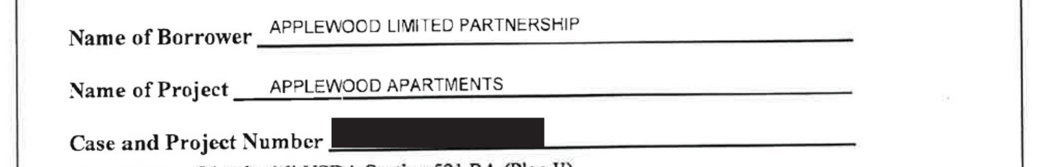 Scan of the checklist header. Name of Borrower reads Applewood Limited Partnership, Name of Project reads Applewood Apartments, and the Case and Project Number field is covered by a solid black bar.
